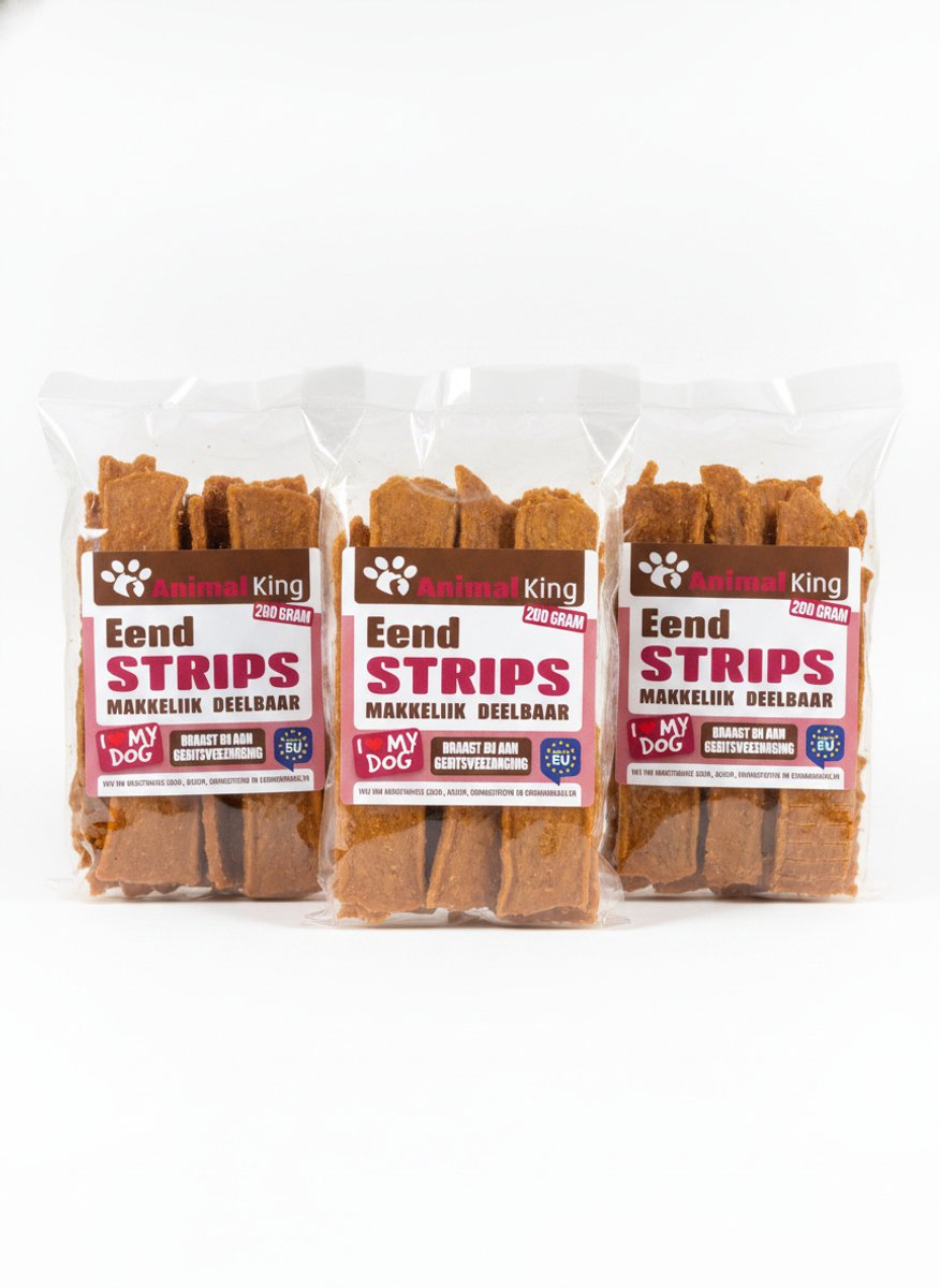 animalking Eend Strips Hondensnack - 100% Natuurlijke Eend - Beloning voor Honden - Voordeelverpakking 3 x 200 gram