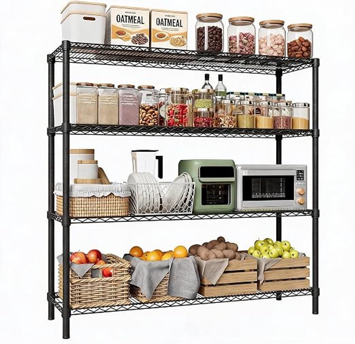 4-Laags Zwart Staal Opbergrek - Zware Belasting 1200KG - Versterkte Constructie - Verstelbaar voor Garage en Magazijn - 120*45*150 cm