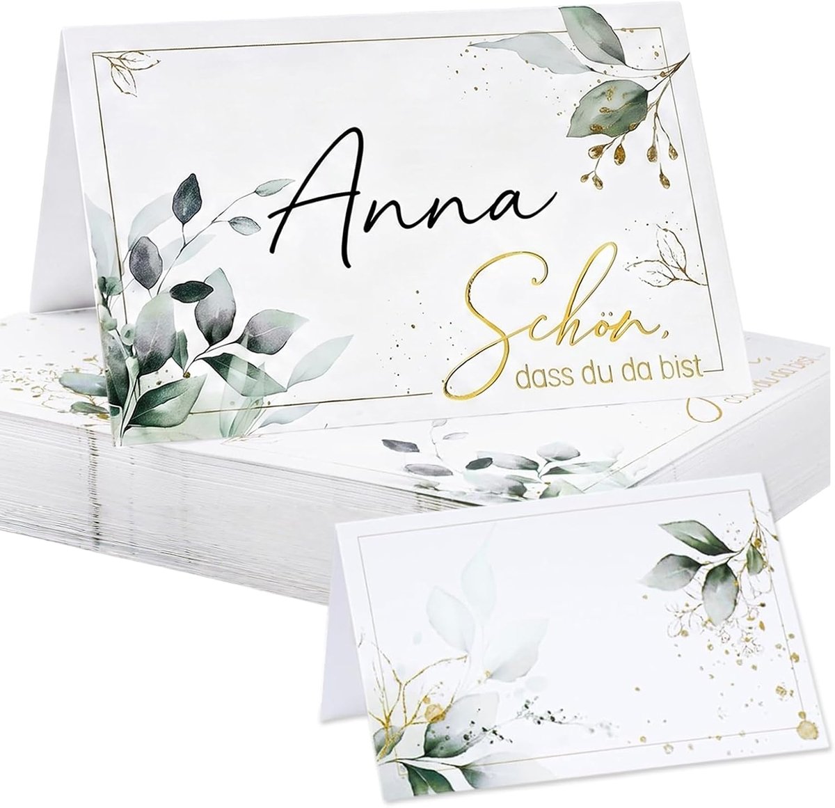 100 Stuks Tafelkaartjes Bruiloft Eucalyptus Goudaccent "Fijn dat je er bent" Luxe Naamkaartjes Voor Feest, Verjaardag, Doop, Communie