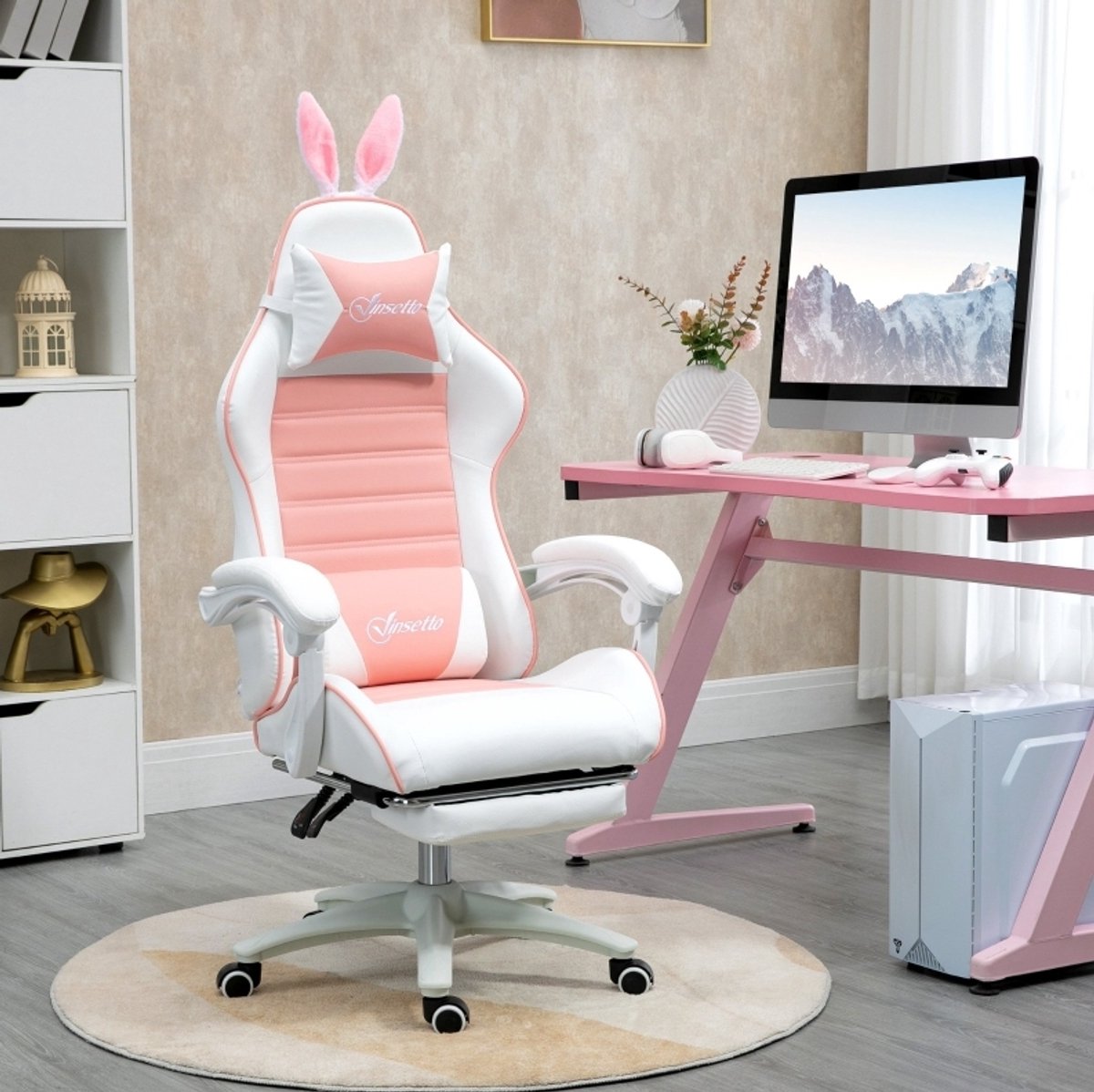 COVREO Gamingstoel 65 x 63 x 142 cm, roze kunstleer met voetsteun