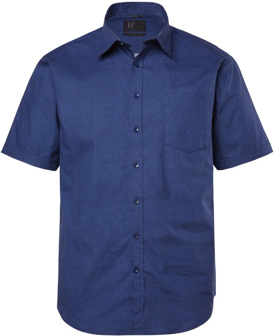 Donkerblauw kort-mouw overhemd met subtiel ruitpatroon en knoopsluiting.