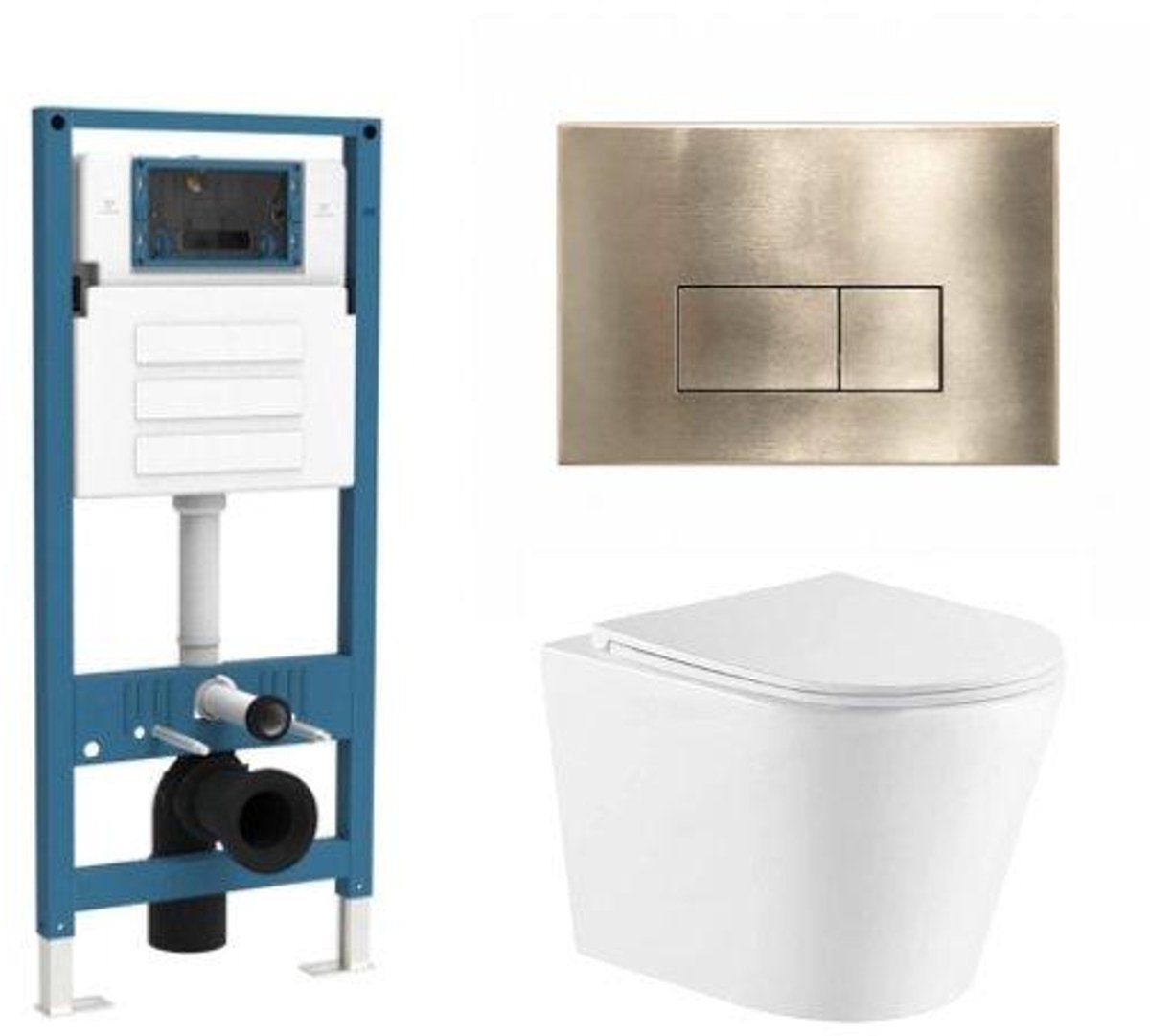 QeramiQ Dely Toiletset - inbouwreservoir Qeramiq Flush - slim zitting - metaal messing geborstelde bedieningsplaat - rechthoekige knoppen - mat wit