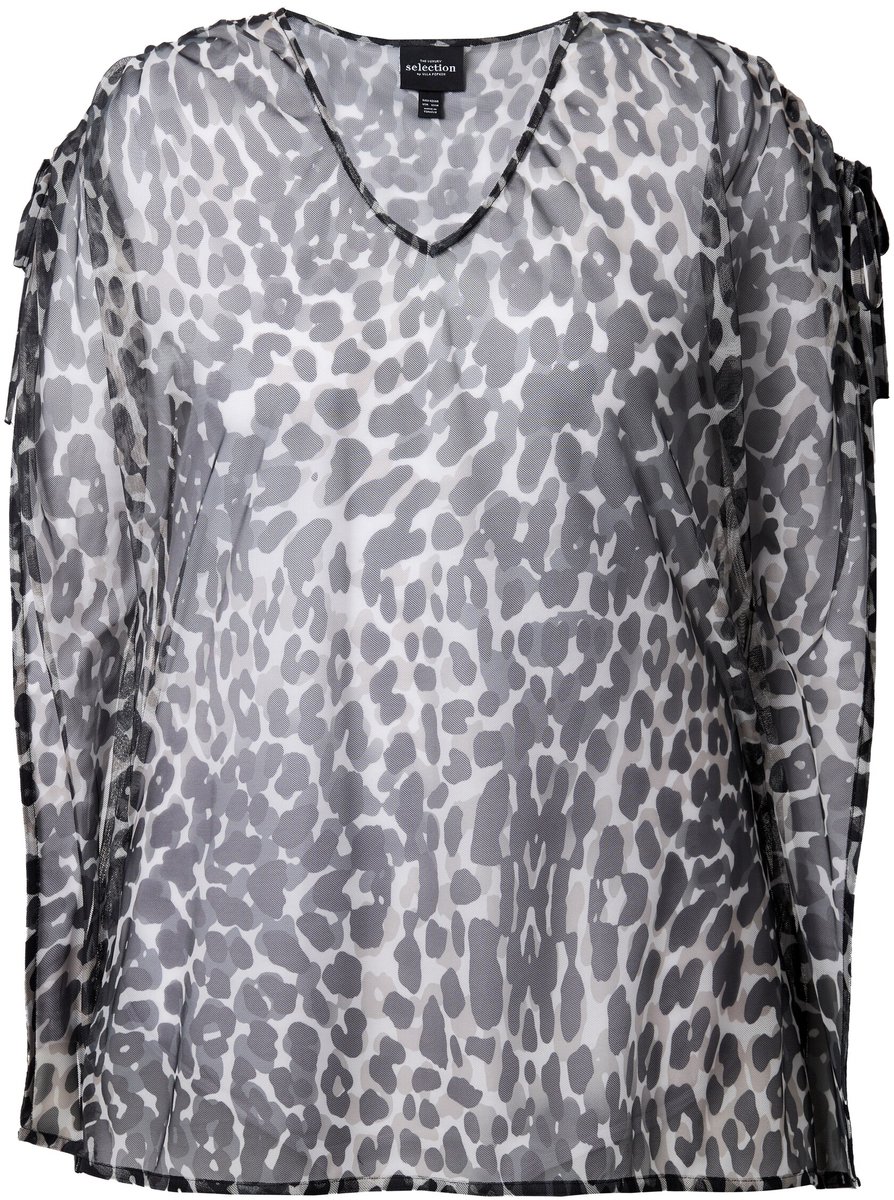 Ulla Popken - Dames - Mesh blouse cape-stijl V-hals halflange mouwen - Zwart - Maat 50+