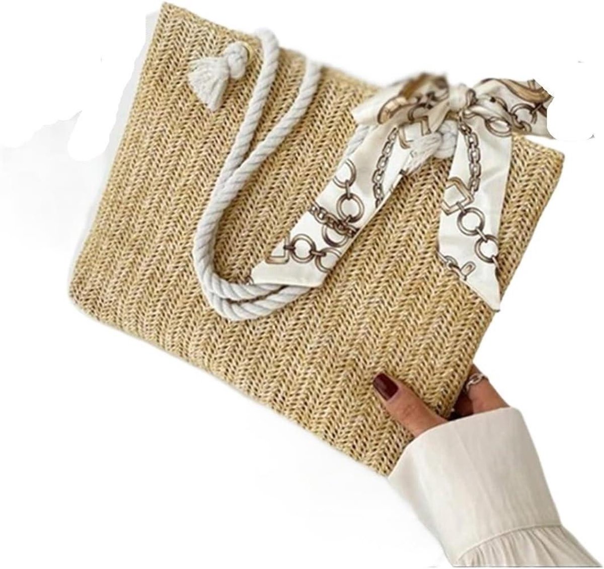 Strandtas Woven Bag - Rieten Tas Schoudertas - Zomerse Uitjes - Handgemaakt Ontwerp - 38 x 30 x 10 cm