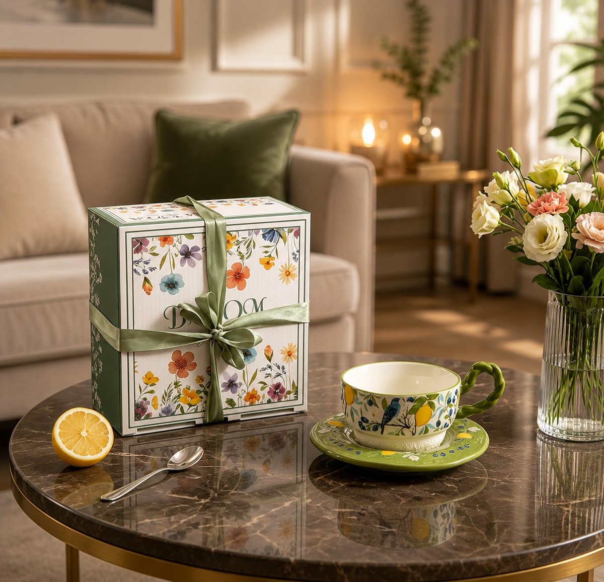 Handgemaakte keramische kop-en-schotelset met gevlochten handvat, reliëf en handbeschilderd bloemendesign, antislip en hittebescherming, 260 ml, groen