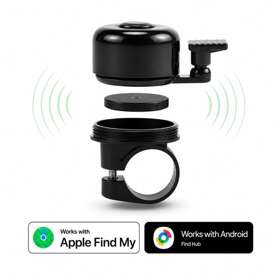 Zwarte fietsbel met GPS tracker. Werkt met Apple Find My & Android Find Hub.