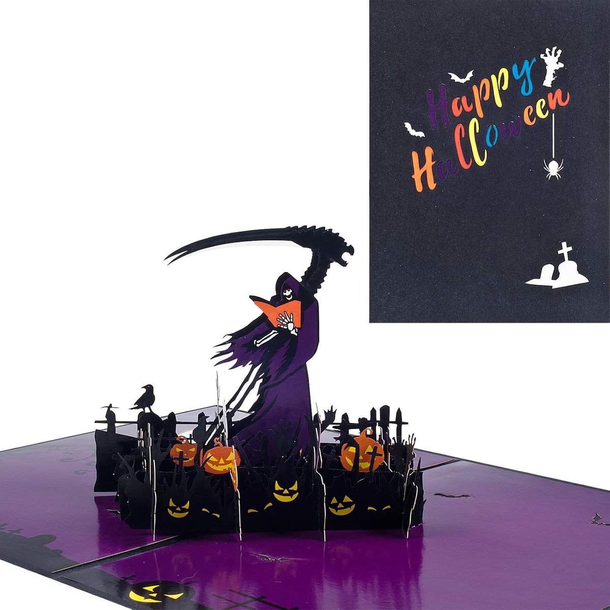 3D Halloween kaart met zeis van de dood voor familie en vrienden