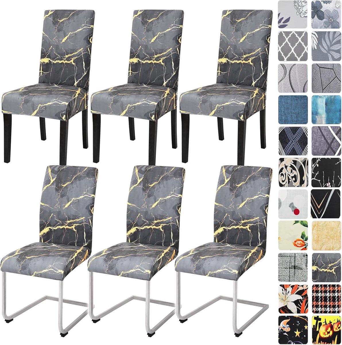 Set van 4/6 Rekbare Stoelhoezen voor Eetkamerstoelen, Beschermhoezen voor Keuken en Restaurant, Wasbare en Verwijderbare Hoezen (Marmer, 6 Stuks)