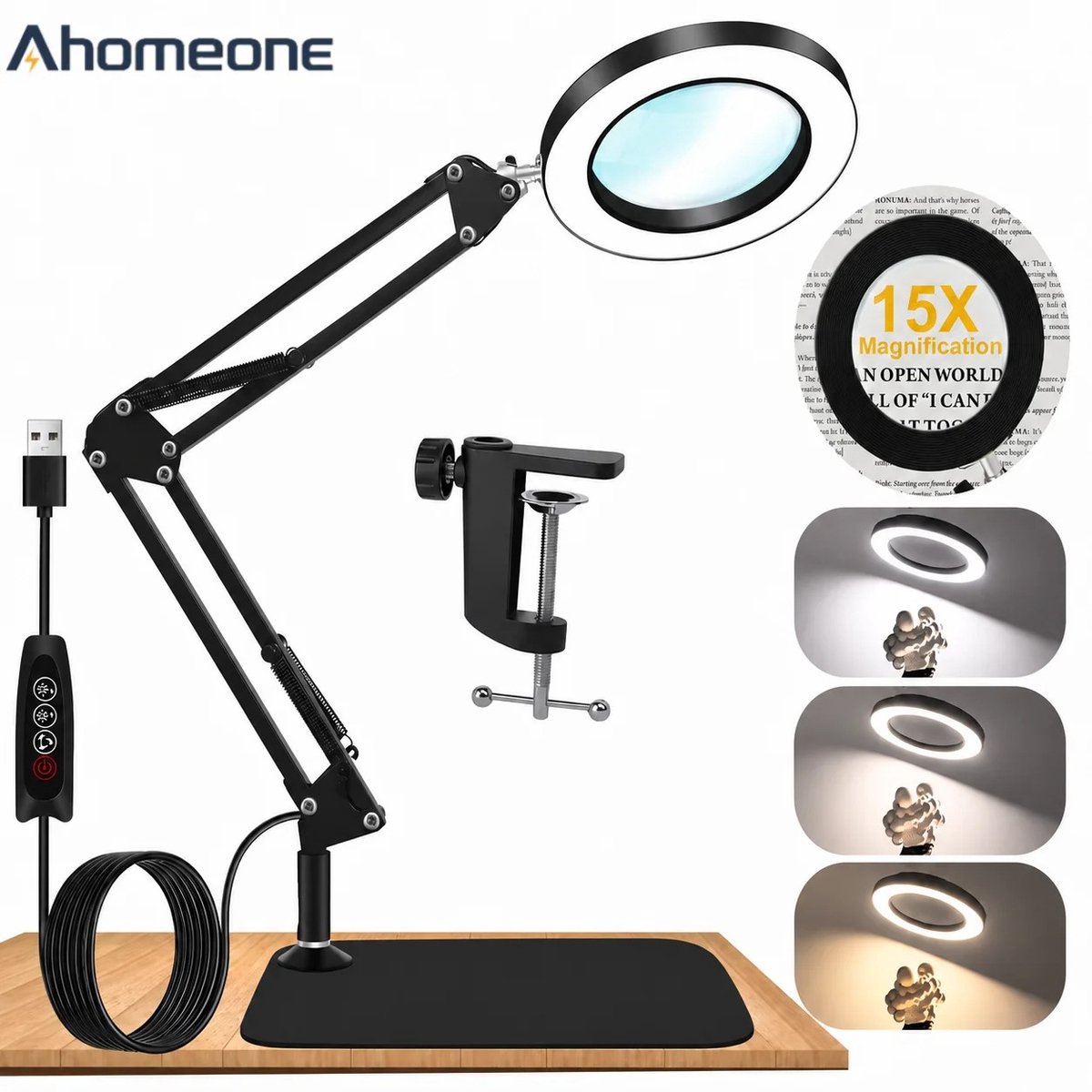 Emvae Vergrootglas met Licht - Loeplamp - 15x Vergrootlamp met 72 LED - Standaard en Klem - Verstelbare Zwenkarm