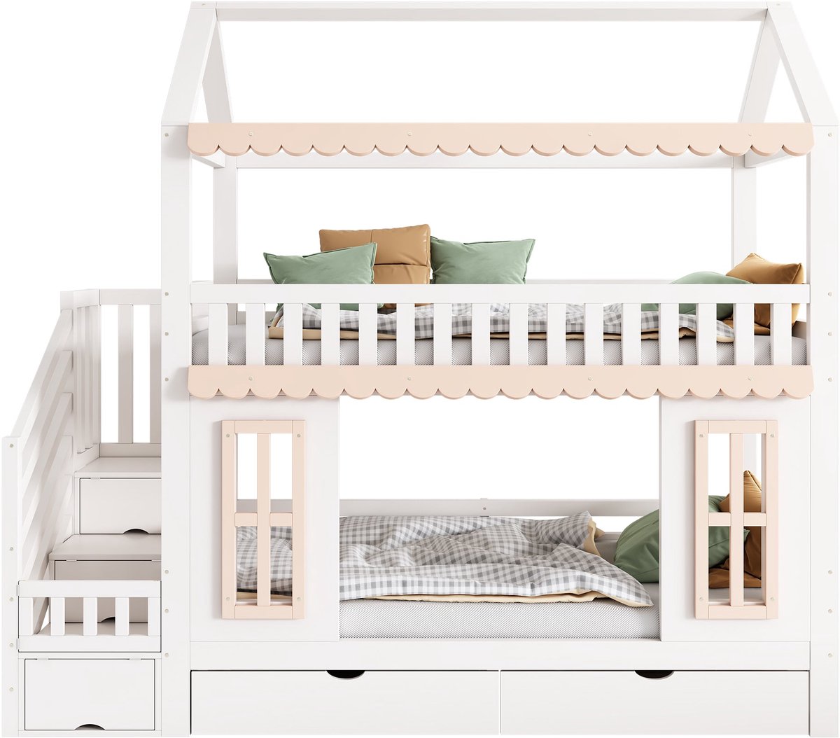 Merax Stapelbed voor Kinderen 90x200 cm - Bed in Huisvorm - Wit en Houtkleur - Met Trapkast - 2 Schuifladen - Houten Lattenbodem - Zonder Matras