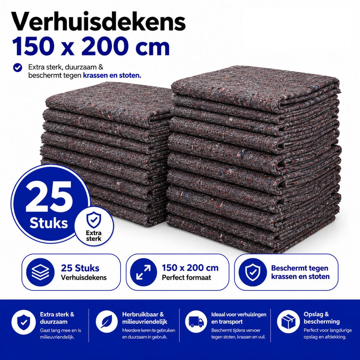 Propacker Verhuisdekens - Set van 25 - 150 x 200 cm - Meubeldekens / Opslagdekens - Professionele Beschermdekens voor Verhuizen, Transport & Opslag - Grijs