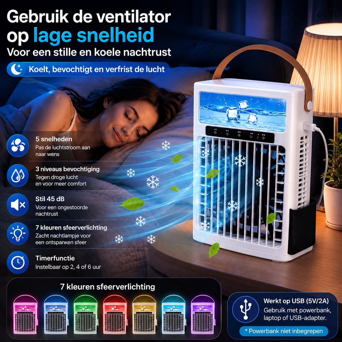 HomeGoodies - Airco - Aircooler - Mini airconditioner - Draagbaar - 7 Kleuren Nachtlamp - Voor Slaapkamer, Kantoor & Camper – foto 4