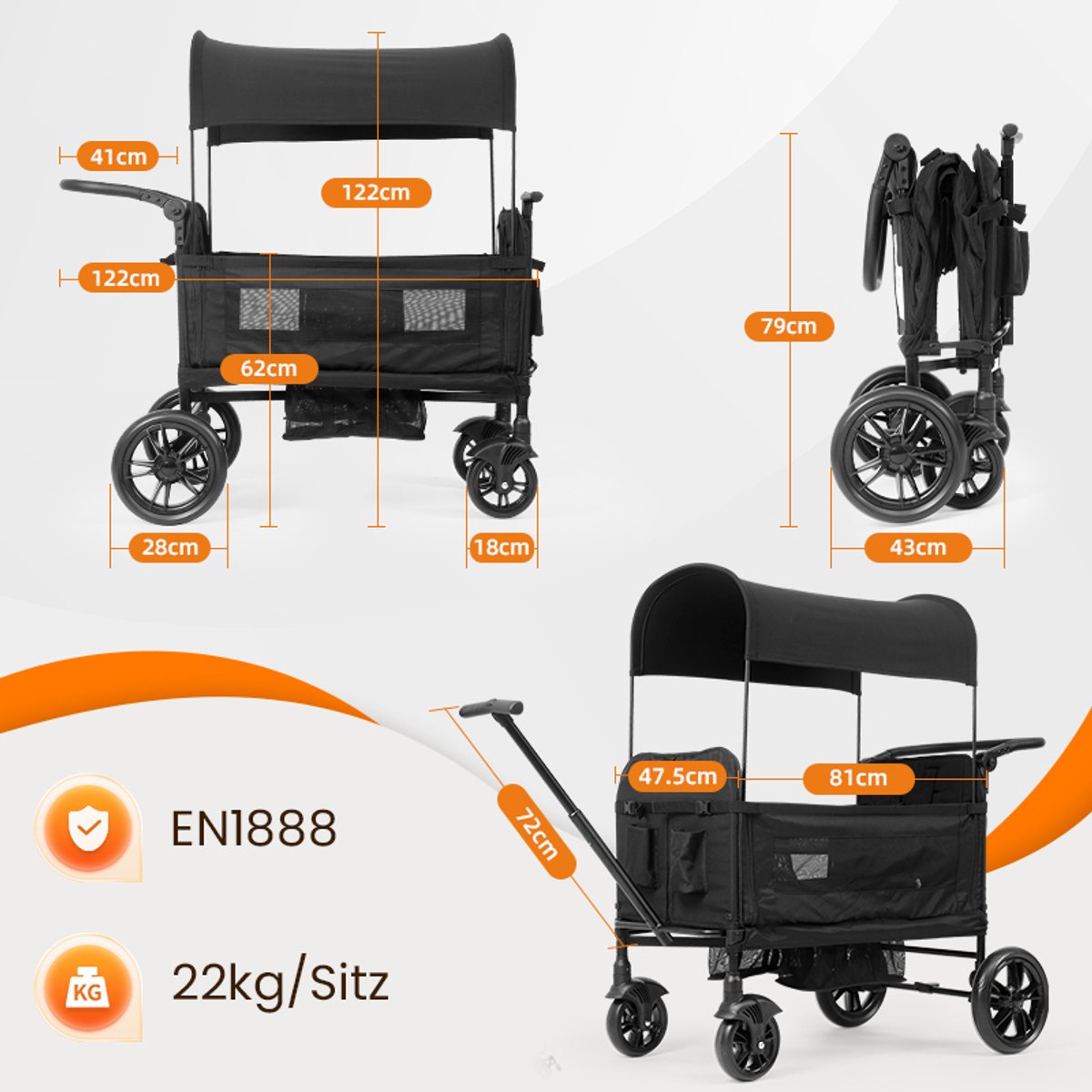 Dubbele kinderwagen - Tweeling buggy - Inklapbare kinderwagen - Opvouwbare tweelingwagen - Buggy met zonnekap en dienblad - 5-punts veiligheidsgordel, verstelbare handgreep - Metaal en Stof - 22×66×122 cm - Geschikt voor 2 kinderen - Zwart — cadeau in Cadeau-ideeën - foto 2