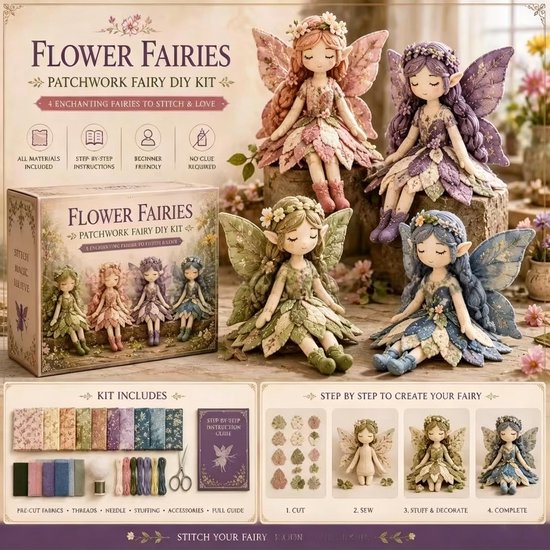 Kraftverdia 3D Fairy Patchwork DIY Kit – Fabric Craft Set with 4 Adorable Flower Fairy Designs, Handmade Sewing Project | Creative Fairy Themed DIY Set for Adults, Beginners, Craft Lovers & Friends – Bloemenfee – Zonder Geschenkverpakking