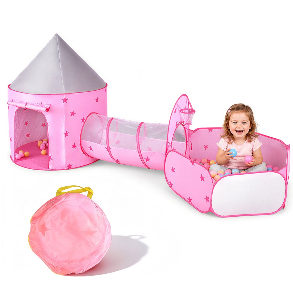 Lemlit Kinderspeeltent Speeltent 3-in-1 met Ballenbak en Speeltunnel - Pop-up Speelhuis voor Binnen en Buiten - 295 x 130 cm - Roze - Kindercadeau