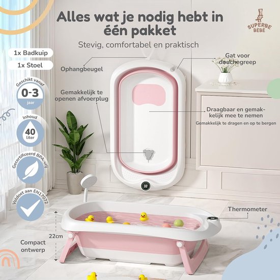 Opvouwbaar Baby Bad - Met Antislip Zitje en Digitale Thermometer - Veilig Babybadje Voor Pasgeborenen Tot 3 Jaar - Inklapbaar Babybad Met Temperatuurcontrole - Roze van Merkloos — afbeelding 5