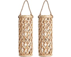 HOMLA - 2-Delige - Radiant Lantaarn Smal Gevlochten Hout - Decoratieve Windlicht Lantaarn met Handvat - Natuurlijke Sfeerverlichting - Boho & Scandinavisch Interieur - Kaarsenhouder voor Woonkamer & Terras - 17 x 50 cm - Naturel