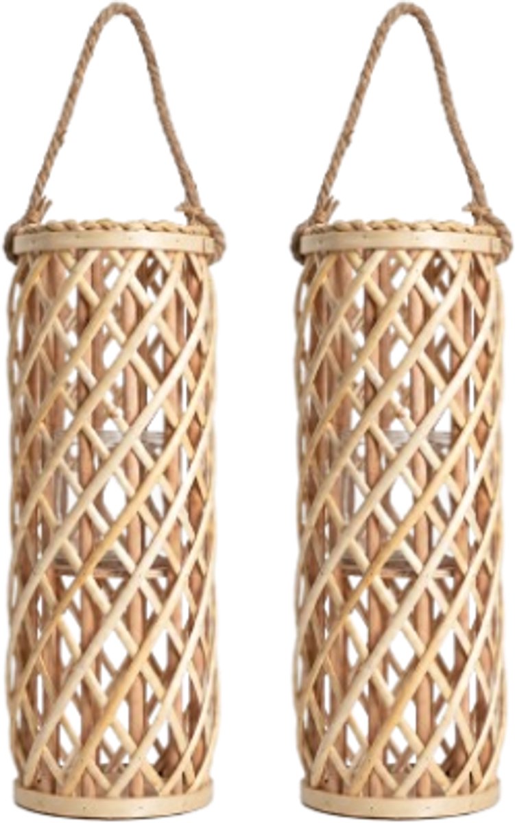 HOMLA - 2-Delige - Radiant Lantaarn Smal Gevlochten Hout - Decoratieve Windlicht Lantaarn met Handvat - Natuurlijke Sfeerverlichting - Boho & Scandinavisch Interieur - Kaarsenhouder voor Woonkamer & Terras - 17 x 50 cm - Naturel