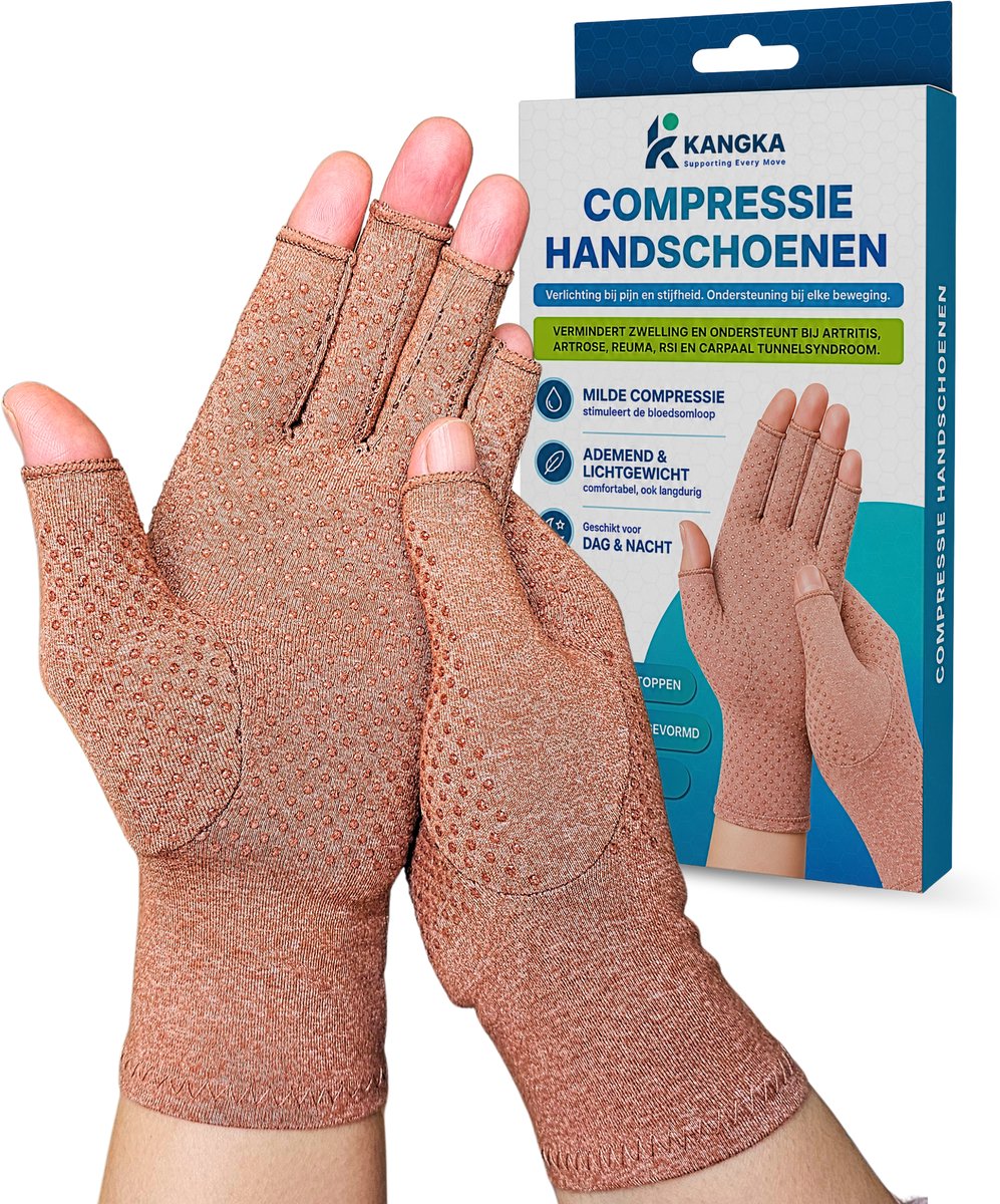 KANGKA Reuma Therapeutisce Handschoenen Maat M - Bruin met Antislip - Compressie Handschoenen voor Artrose, Reuma, Artritis, RSI, CTS - Unisex