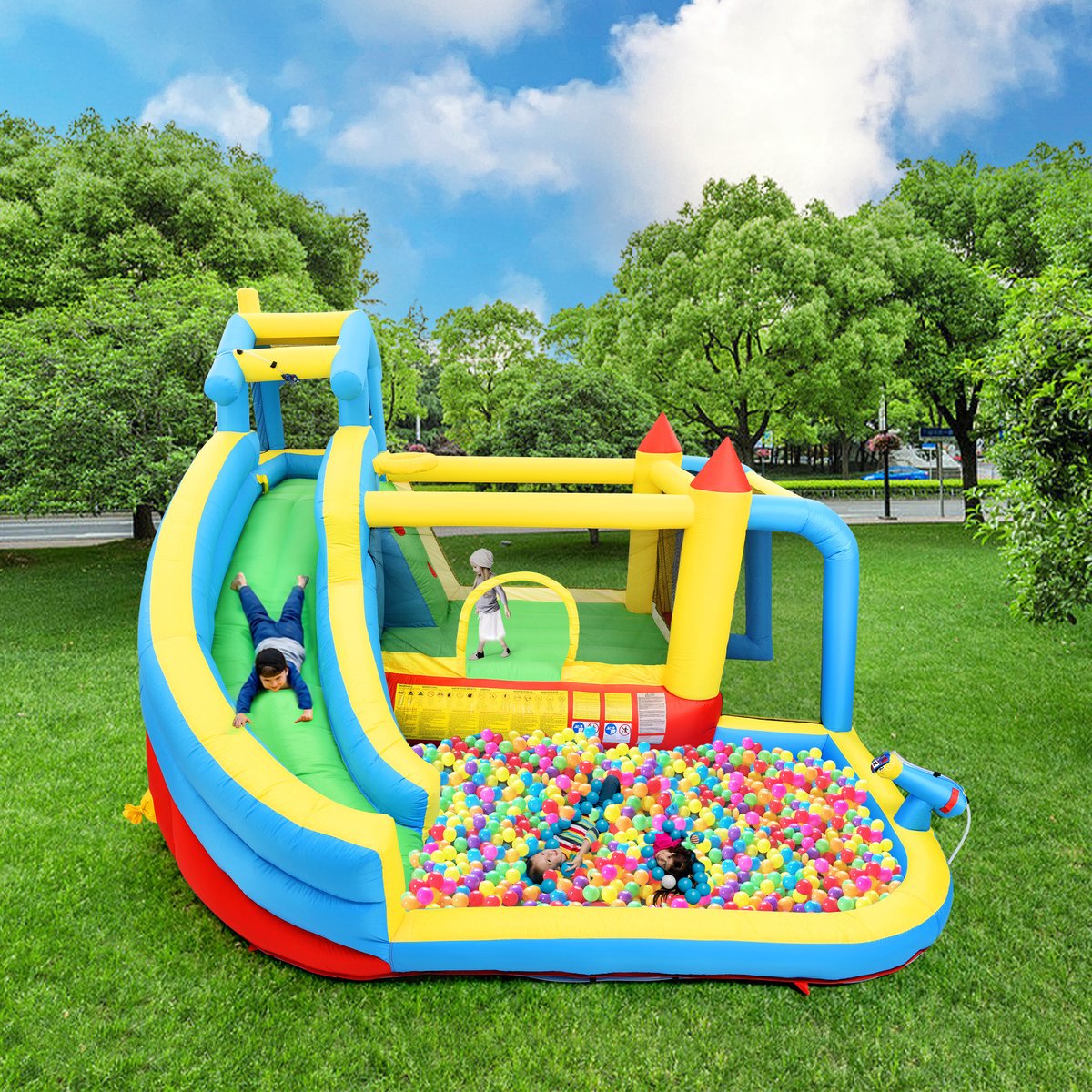 VVBV Kinderspringkussen 5-in-1 364x315x239 cm - Opblaasbaar Speelkasteel met Glijbaan, Springgedeelte, Waterbad, Voetbalnet, Basketbal en Blower - Oxford-stof - Voor 3-10 Jaar