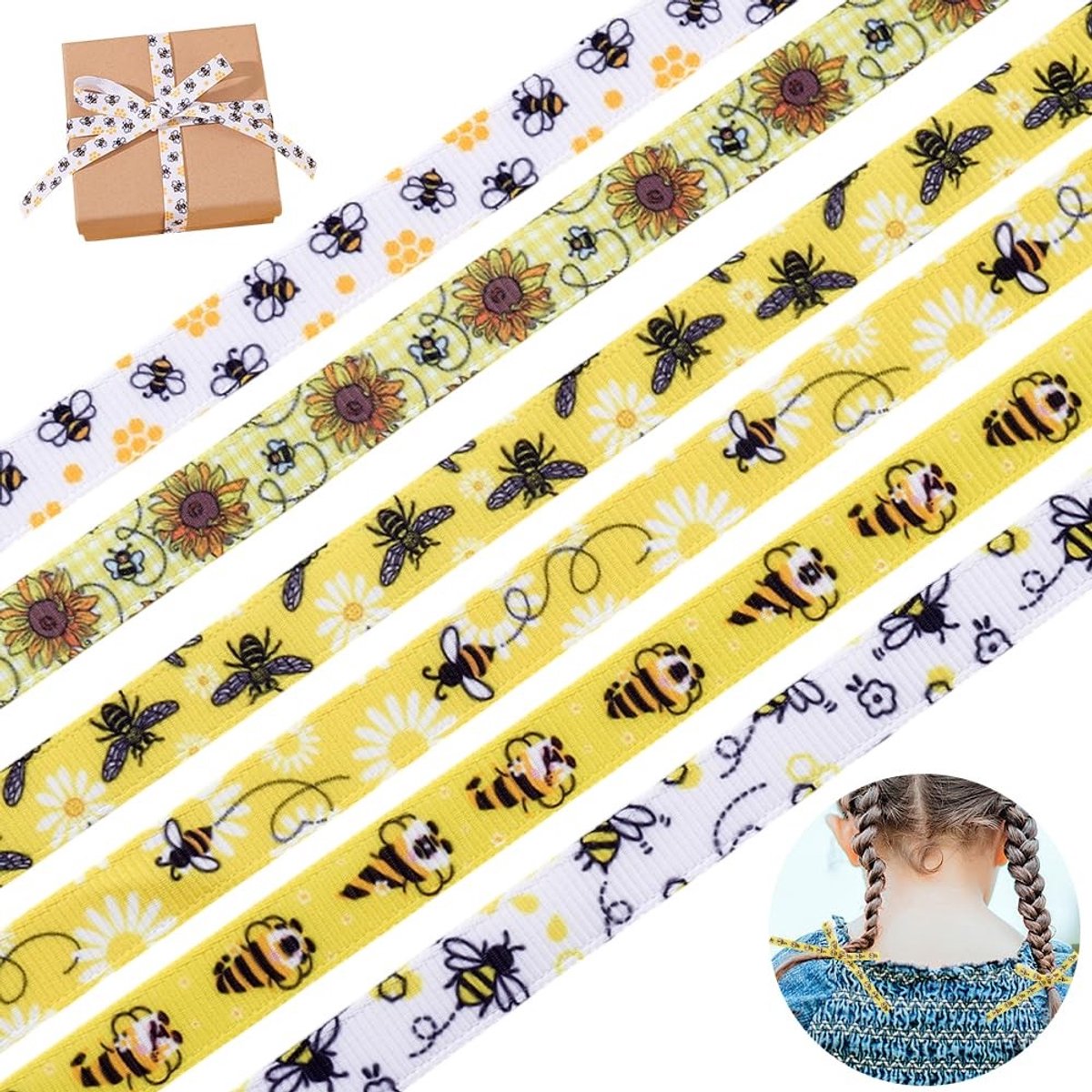 Dailygoods- Cadeaulint Gele Honing - Lentebijen Ontwerp - 6 Rollen - 1,9 cm Breed - Handwerk - Decoratie - Creatieve Opties - Decoratielint