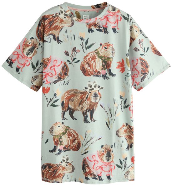 Lichtblauwe nachtpon met een all-over print van capibara's met bloemen en linten.