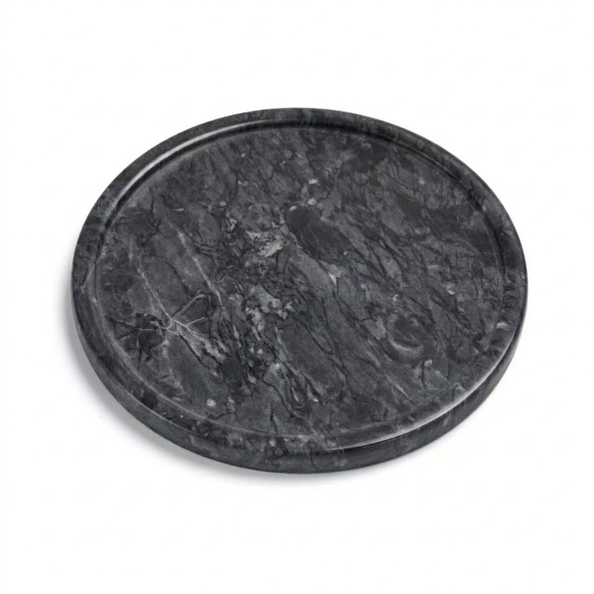 PersisCo Donkergrijs Rond Marmeren Dienblad met Opstaande Rand – Ø 30 cm – Luxe Natuurstenen Serveerblad, Premium Taartplateau & Decoratieve Tray voor Koffie, Parfum & Kaarsen