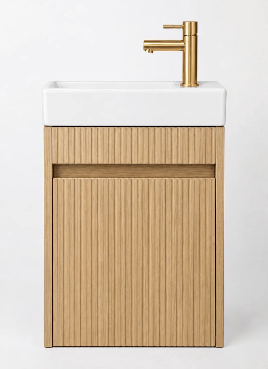 Zimmer Toiletmeubelset Eikgrijs Geribbeld 40 cm | Inclusief Goudkleurige Kraan, Sifon & Pop-up Waste | Keramische Wastafel | Wandhangend Fonteinmeubel | 40 x 22,5 x 63 cm