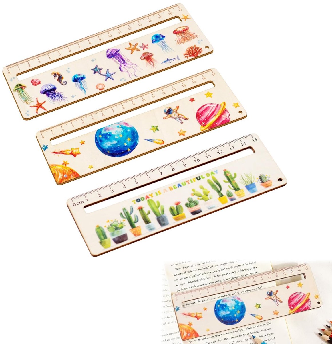 Dailygoods- Leeshulp 3 Stuks - Duurzaam Hout - Bladwijzer/Liniaal - Kindercadeau - Eerste Schooldag - Milieuvriendelijk