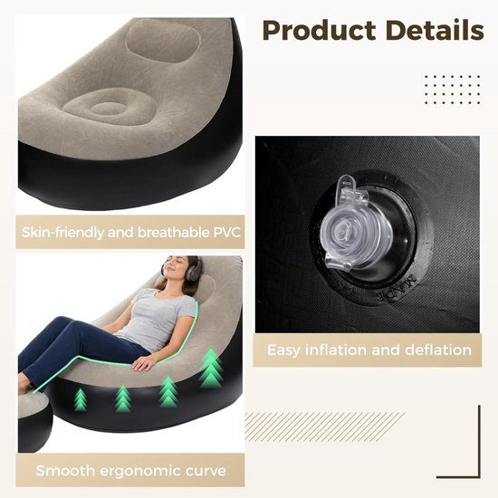 Opblaasbare relaxfauteuil - Opblaasbare bank voor volwassenen - Met voetenbankje en luchtpomp - Ergonomisch - Geschikt voor woonkamers, slaapkamers, kamperen, picknicks en het strand — afbeelding 4