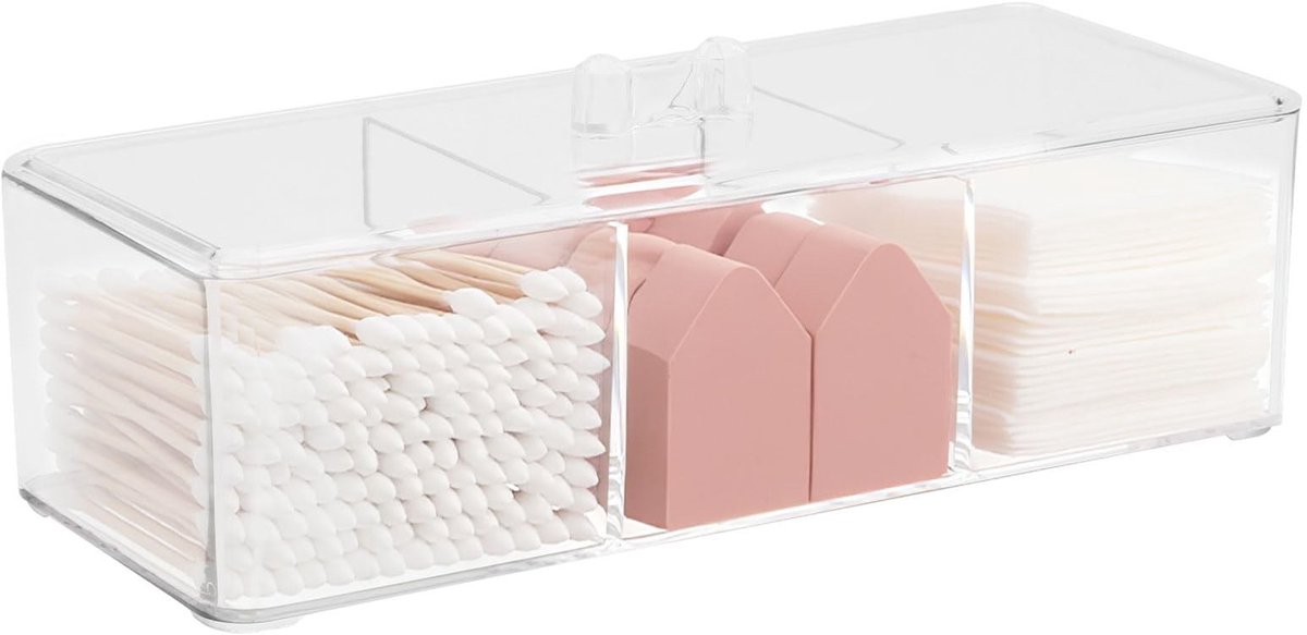 Dailygoods - APOMOONS Wattenstaafjeshouder, 3 vakken, transparant, badkamerorganizer, stapelbaar, plastic doos met deksel, cosmetica-organizer, make-up, wattenschijfjes, opslag voor badkamer, wastafel, keuken