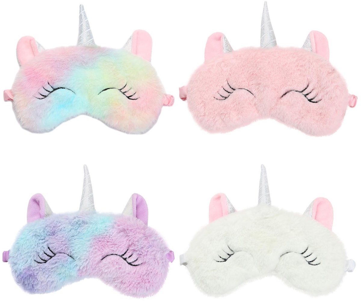 Dailygoods - Set van 4 oogmaskers voor kinderen, ultrazachte en comfortabele slaapmaskers voor vrouwen en kinderen, schattige eenhoorn-pluche slaapmaskers, blokkeert licht tijdens een dutje of op reis