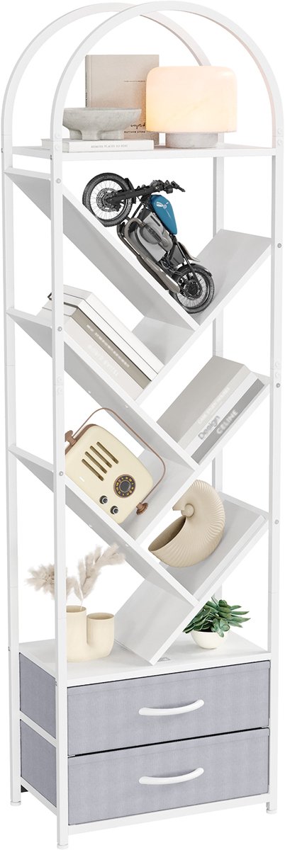 Boomvorm Boekenkast - 6 Planken Met 2 Stoffen Lades - Smalle Verticale Opbergkast Voor Slaapkamer Woonkamer - Wit Ijzeren Frame + Witte Houten plank + Grijze Stoffen Lade
