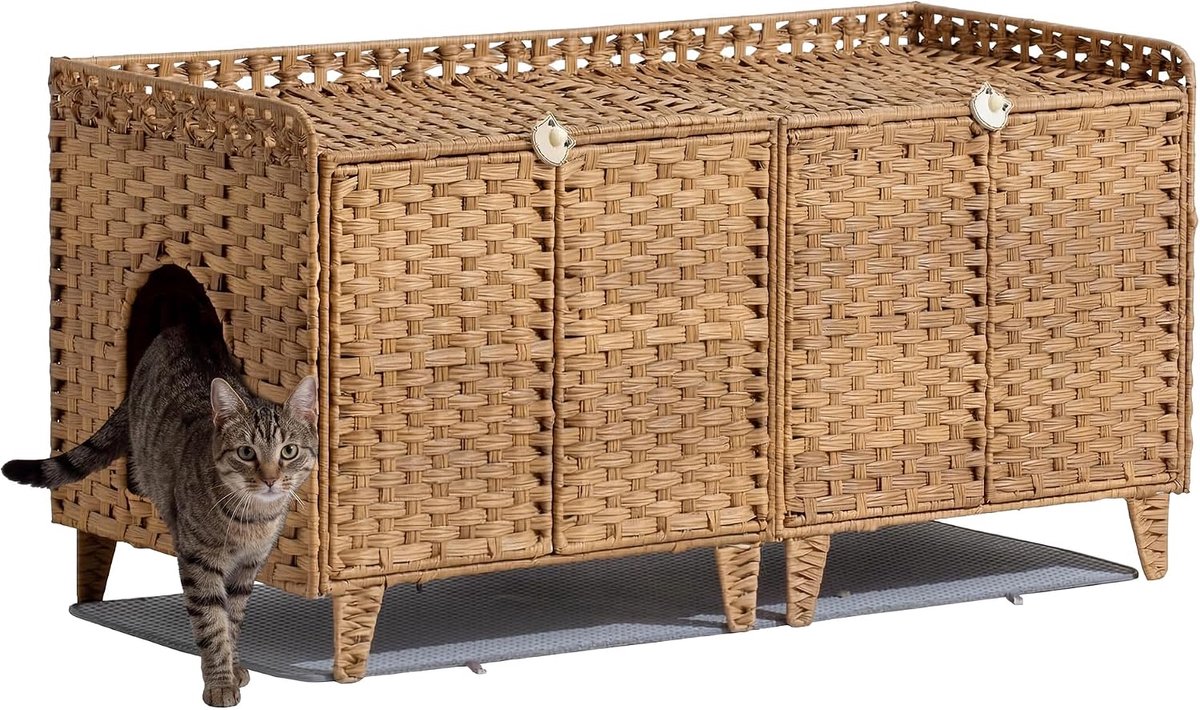 Verborgen rattan kattenbakmeubel voor 2 katten – Kattenbakomheining met uitneembare mat en 2 ophanghaken – Dubbel gebruik: bijzettafel & kattenhuisje – Eenvoudig te monteren – Afmetingen 120 x 50 x 60 cm – Kleur naturel
