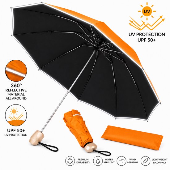 Oranje Paraplu - Ultracompacte Mini Pocket All-Weather Reflector Paraplu – UV-Bescherming, Water- en Windbestendig – Past in Jaszak & Handtas - Ideaal Cadeau