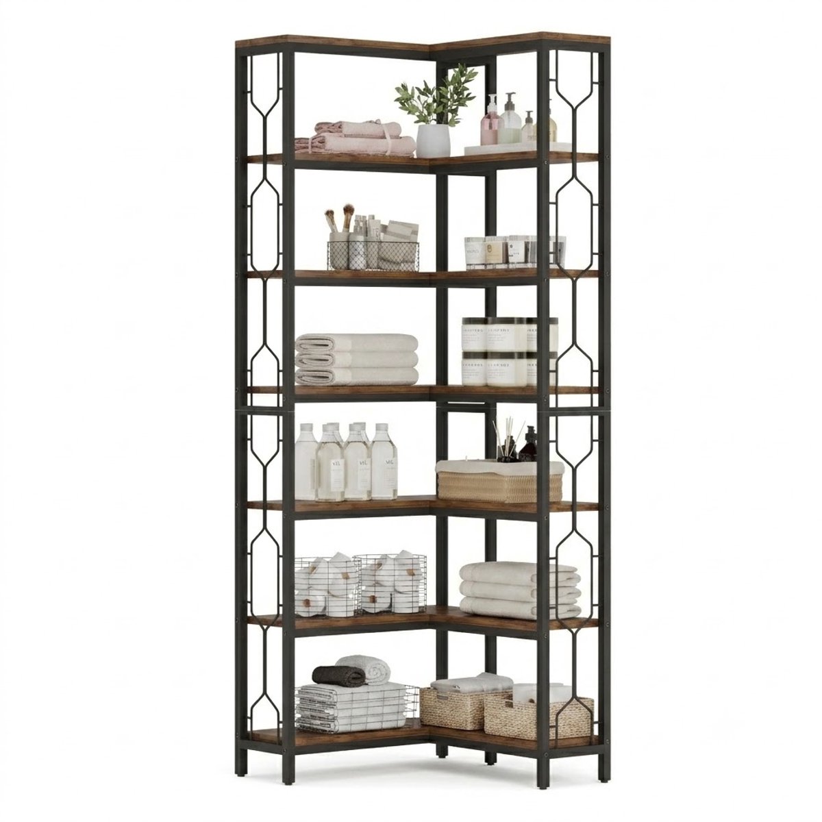NordHaus Hoekboekenplank - Industriële Hoekplank - Vrijstaande Displaykast - Ruimtebesparend 7-Laags Design - Rustic Brown 60x60x200 cm