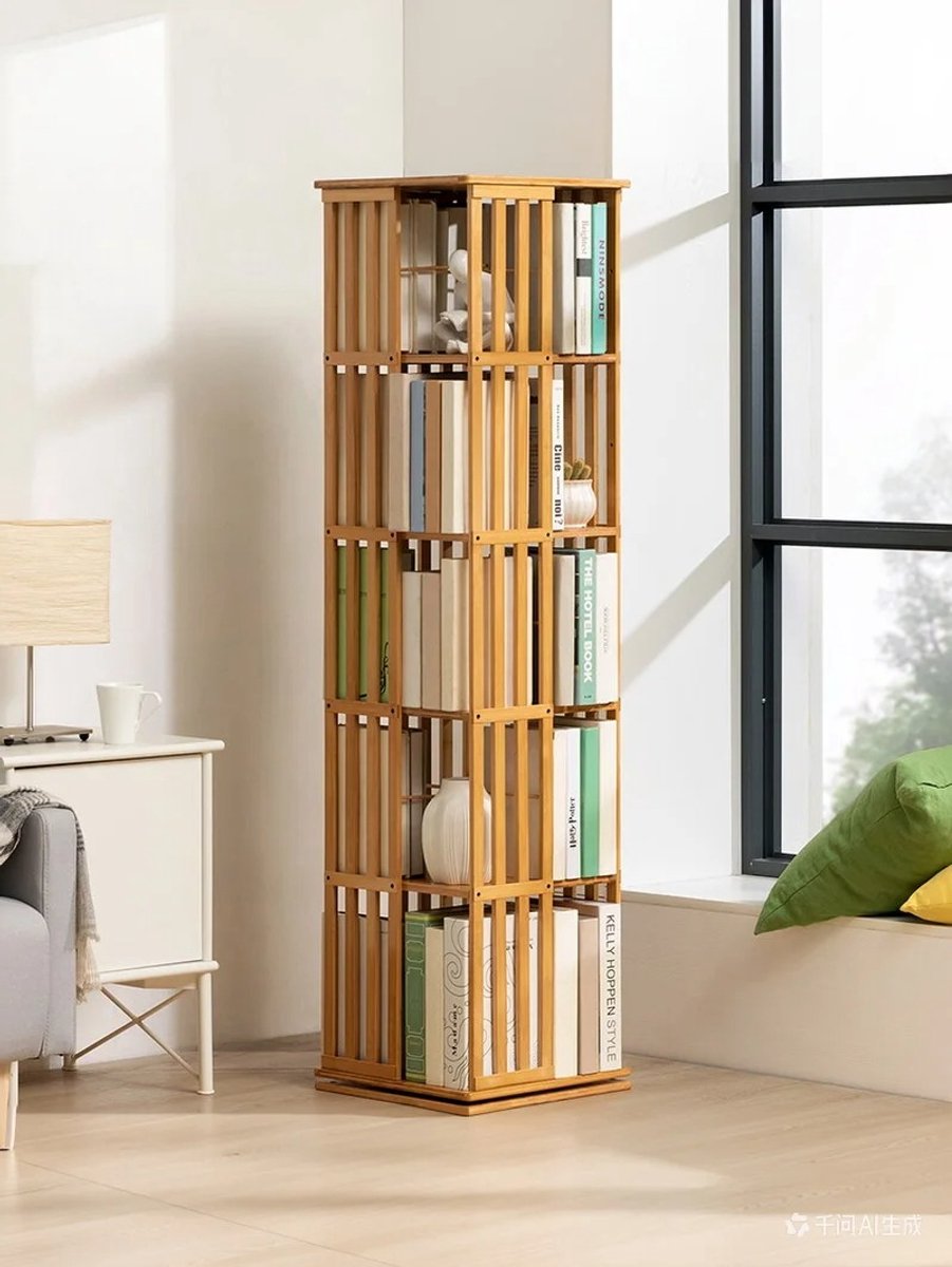 Vécarti – 5‑Laags Draaibare Boekenplank – 360° Roterend – Bamboe – Multifunctioneel Opbergrek – Vrijstaand – Woonkamer/Slaapkamer/Kantoor