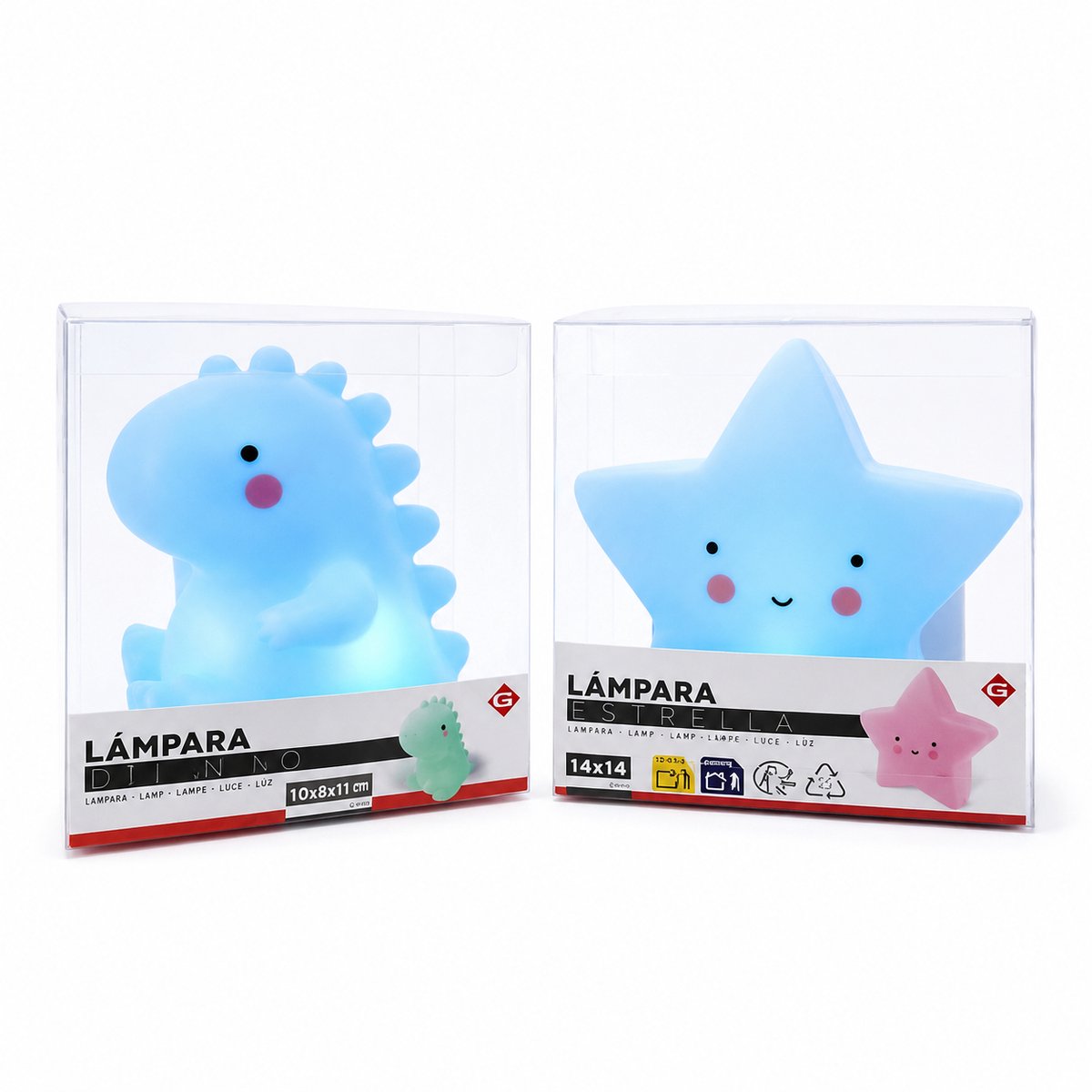 EasyMart Blauwe 2-delige kindernachtlamp set - dinosaurus en ster - LED nachtlamp voor babykamer en kinderkamer - warm wit licht - op batterijen