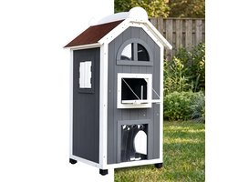 Kattenhuis - Voor buiten - Hok - Kooi - Bench - Ren - 2 verdiepingen - duurzaam - Grijs