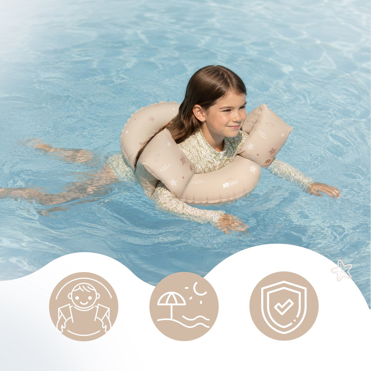 Sipo - Zwemaccessoiresset - Zwembandjes & Zwemband - voor Kinderen 3-6 Jaar - Opblaasbare Zwemvleugels - Zwemring Kind - Zwemhulpmiddel - Geschikt voor 15-30 kg - Zwemaccessoires voor Peuters - PVC - Beige – foto 2