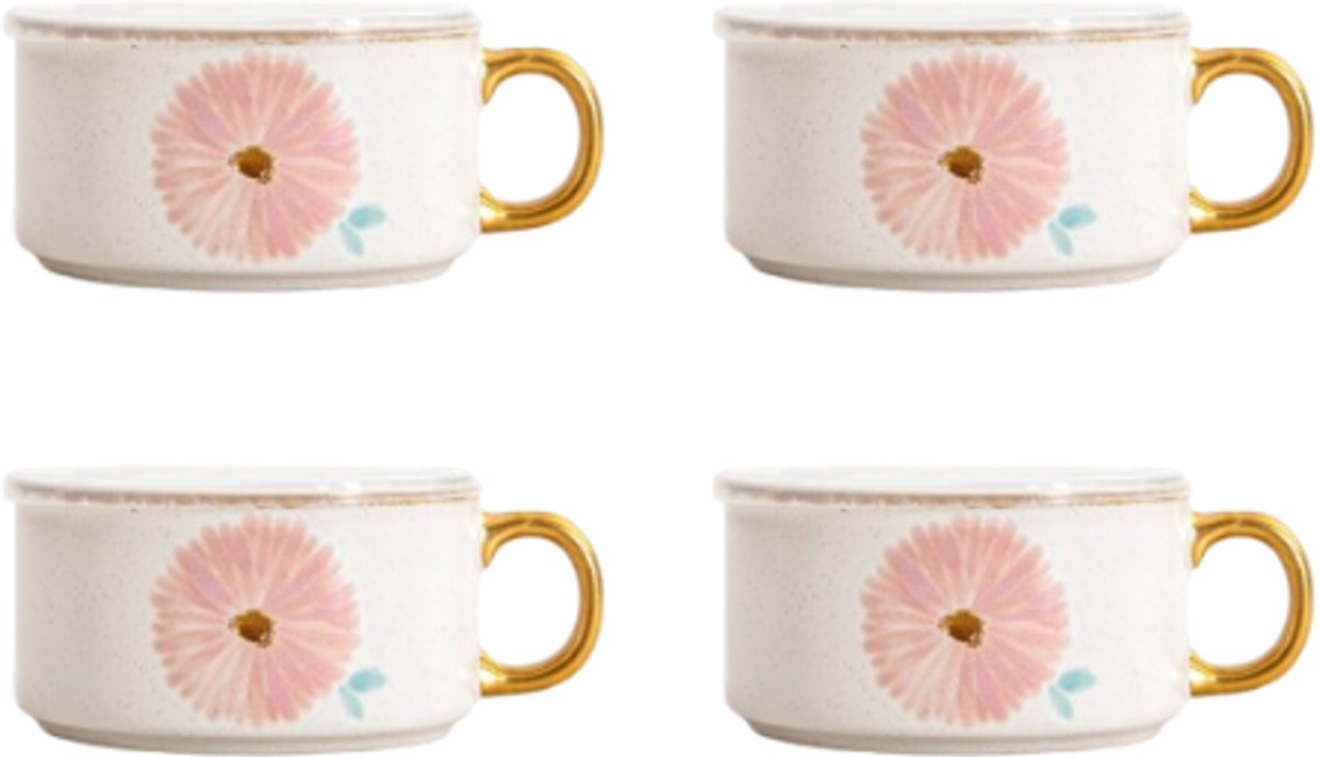 Homla - Meren Serveerschaal - Set van 4 - Keramische Serveerschaal met Gouden Handgreep - Dessertschaal - Snackschaal - Decoratieve Kom - Bloemenmotief - 0.6 Liter - Ø14 x 7 cm - Crème met Roze Bloemenmotief