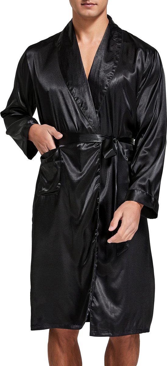 SnelShoppen - Lichte satijnen badjas heren met lange mouwen en korte broek, Zwart, XXL - Perfect voor thuis en wellness