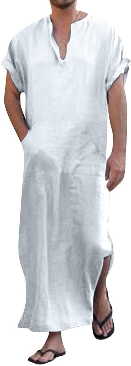 SnelShoppen - Herenkaftan met V-hals en zijsplit, korte mouwen, katoenen badjas met zakken, XXL, wit - Perfect voor thuis, sauna of strand
