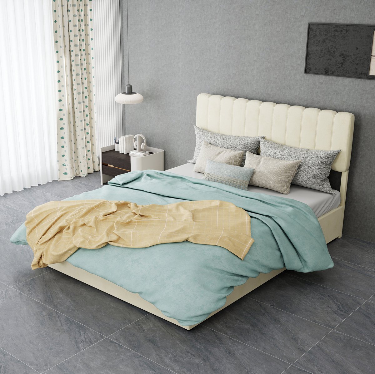 DESMIU Gestoffeerd Bed 140x200 cm – Zacht Hoofdbord met Opbergruimte en Gasveermechanisme – Tweepersoons voor Slaapkamer – Stof – Beige – Zonder Matras