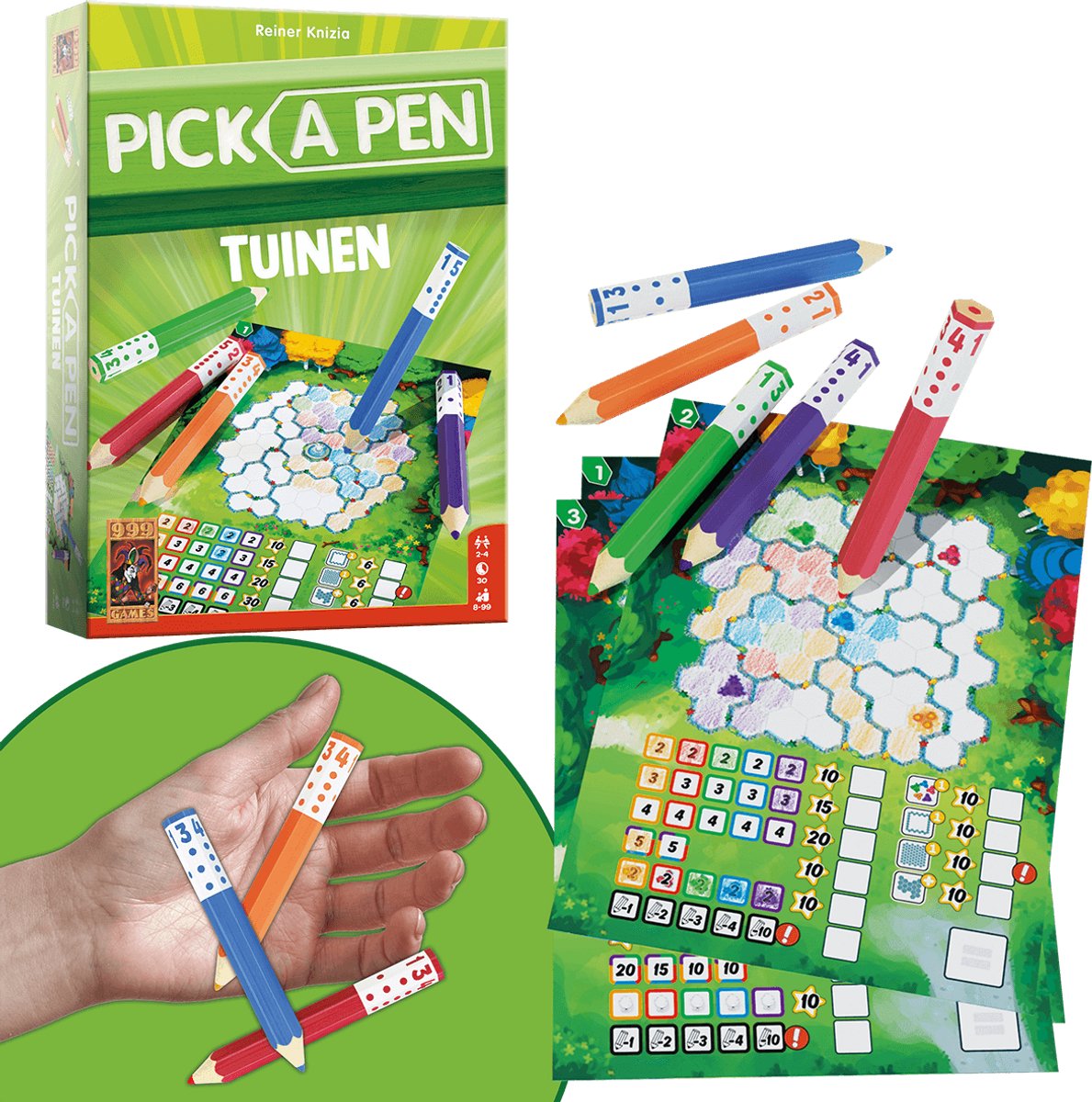 999 Games - Pick a Pen - Tuinen - Dobbelspel - Dobbelen met potloden - Scorevellen van 3 verschillende niveaus - Gezelschapsspel - Familiespel - Klein cadeautje - bevat spelregels in NL en EN — afbeelding 13