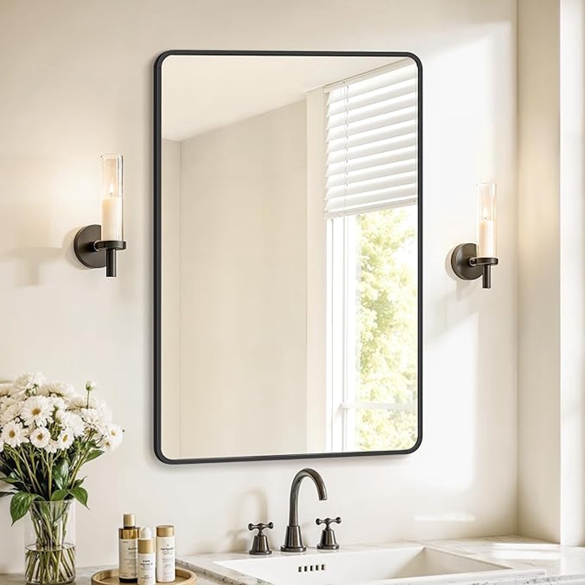 Conway Living® - Badkamerspiegel / Wandspiegel - Rechthoekig - Aluminium Lijst - Horizontaal of Verticaal - Inktzwart - 91x61 cm