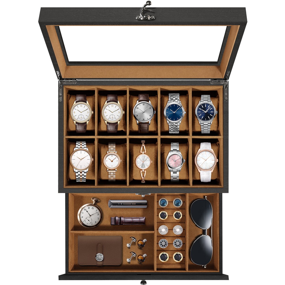 Uten 2 Niveaus Houten Horloge Doos - Horlogebox - Geschikt voor 10 Horloges - Sieradendoos - Brillendoos - Zwart en Bruin
