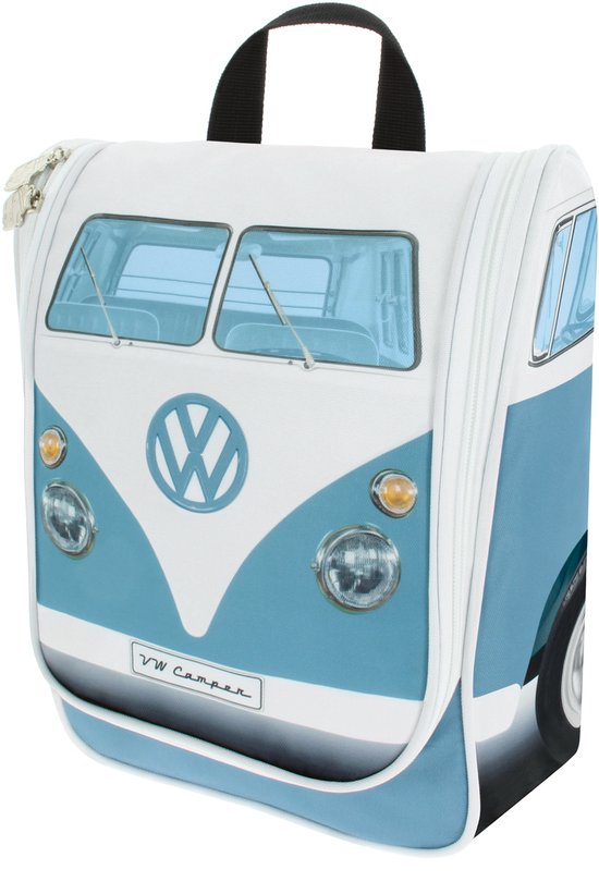 Blauwe en witte VW T1 Bulli-bus toilettas met gesloten rits.