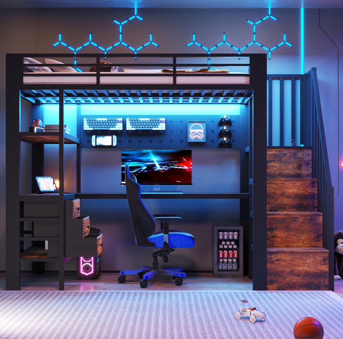 DESMIU Hoogslaper 90x200 cm – Met Bureau, Opbergruimte En Ledverlichting – Met Lade, Wandpaneel En Stopcontact – Voor Slaapkamer – Metaal En MDF – Zwart – Zonder Matras