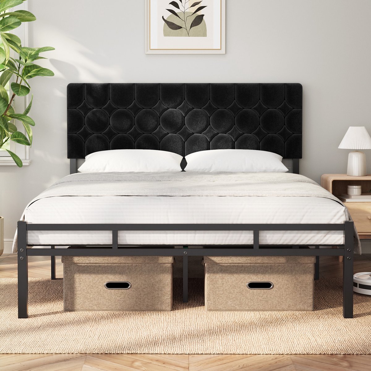 Auralum max KUTAS 2 Persoons Bed 140 x 200 cm - Gestoffeerd Bedframe - Metalen Frame - 32 cm Vrije Ruimte Onder Het Bed - Lattenbodem - Zwart
